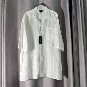 TRUST Mens XXL White Linen Mono Plaid Button Down Short Sleeve Shirt NWT